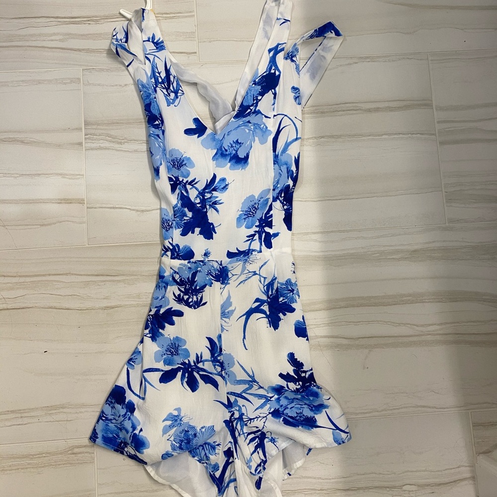 Blue and white floral romper